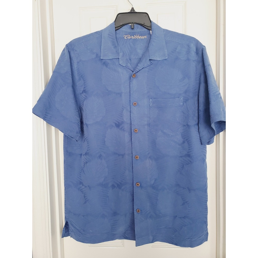 Caribbean Loop Collar Camp Shirt Blue Palm Leaf Jacquard Modal Blend M